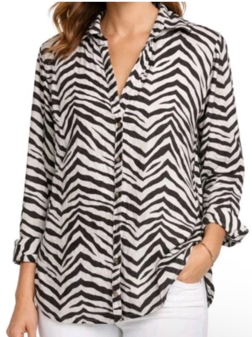 Tahari 100% Linen Shirt Zebra Print Button Down Size XL
